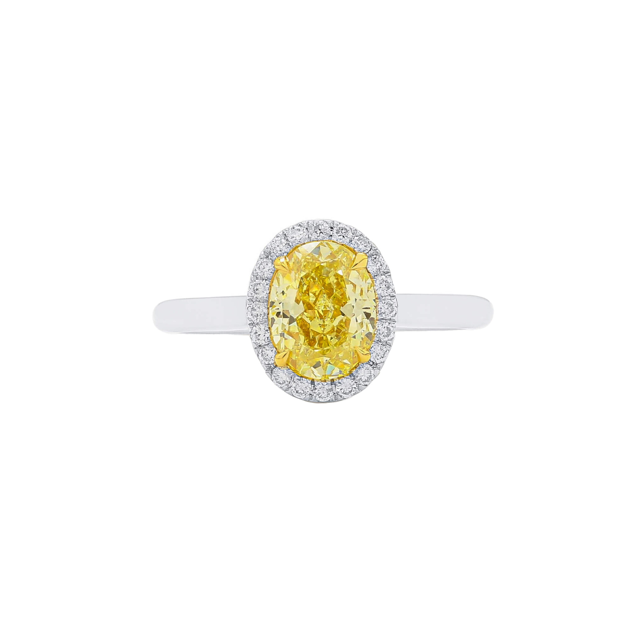 White Gold, 1.56ct Oval Cut Fancy Yellow Diamond and Diamond Engagement Ring  — view 1