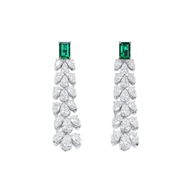 White Gold, 1.58ctw Colombian Emerald and Diamond Drop Earclips