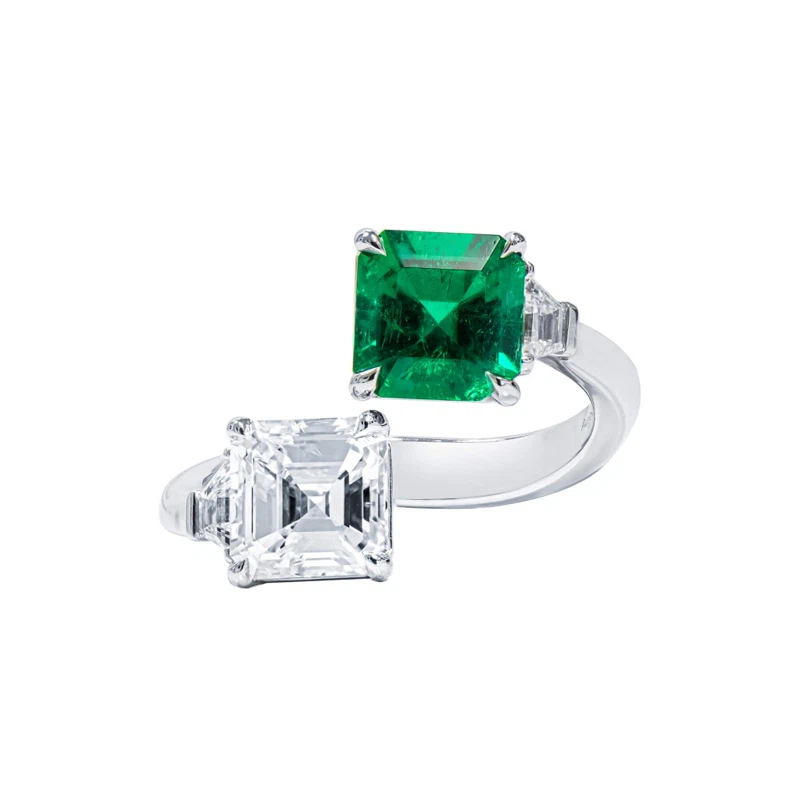 White Gold, 1.82ct Colombian Emerald and 2.01ct Asscher Cut Diamond Ring 