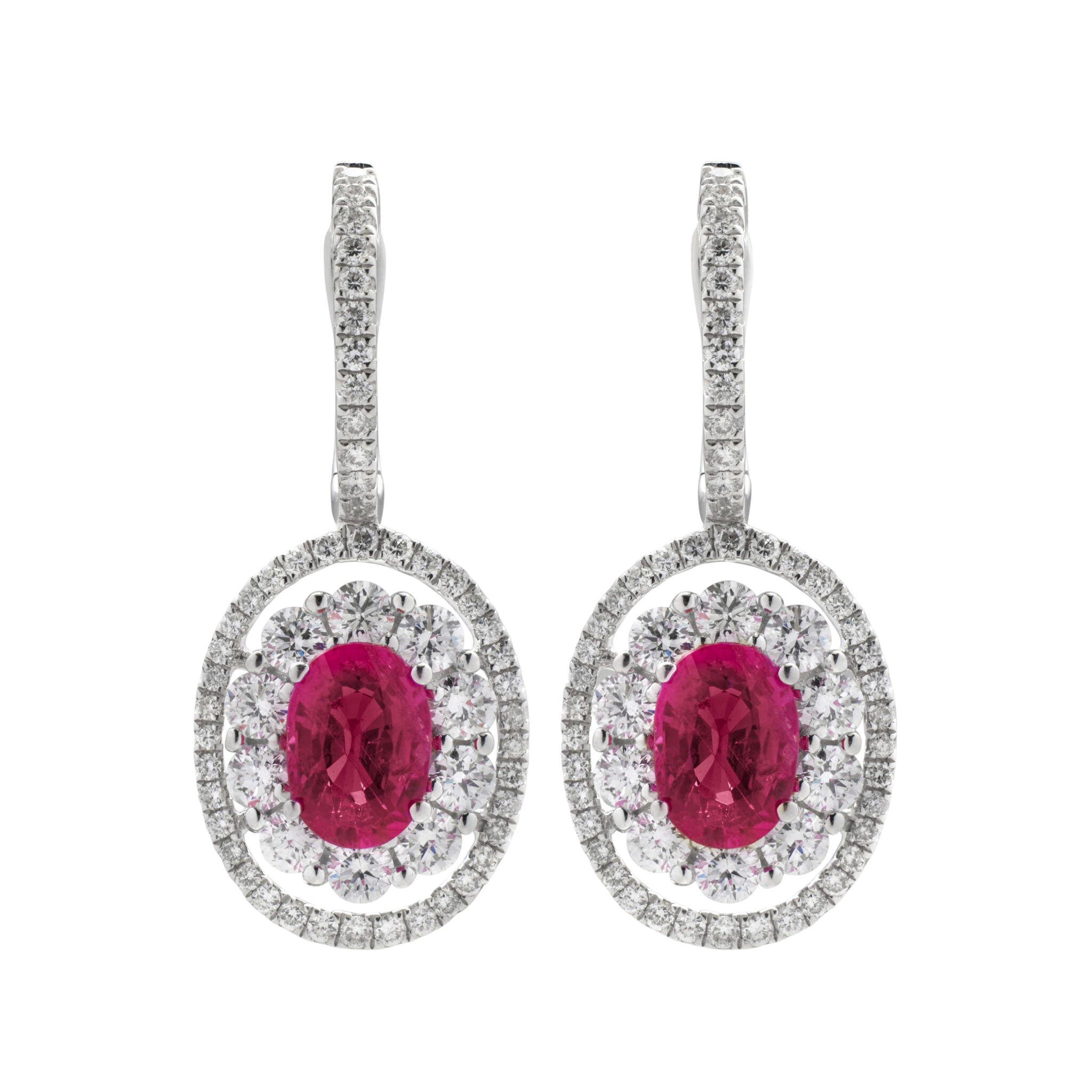 White Gold, 1.70ctw Pink Sapphire and Diamond Drop Earrings — view 1