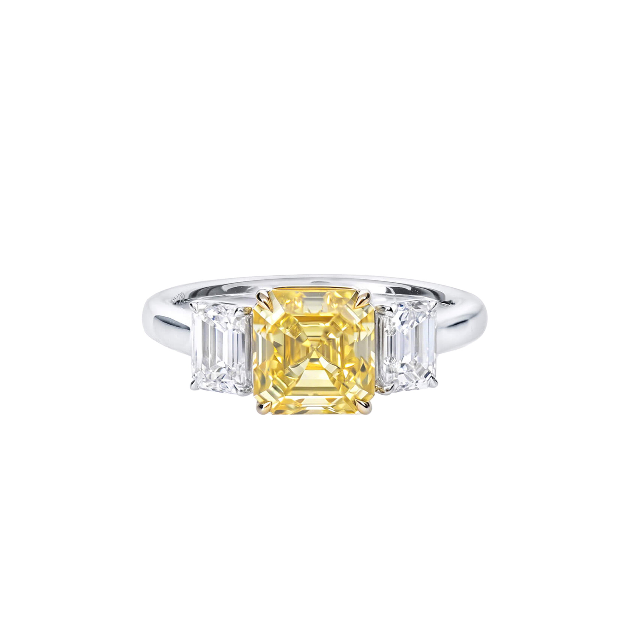 White Gold, 2.27ct Asscher Cut Fancy Yellow Diamond and Diamond Ring — view 1