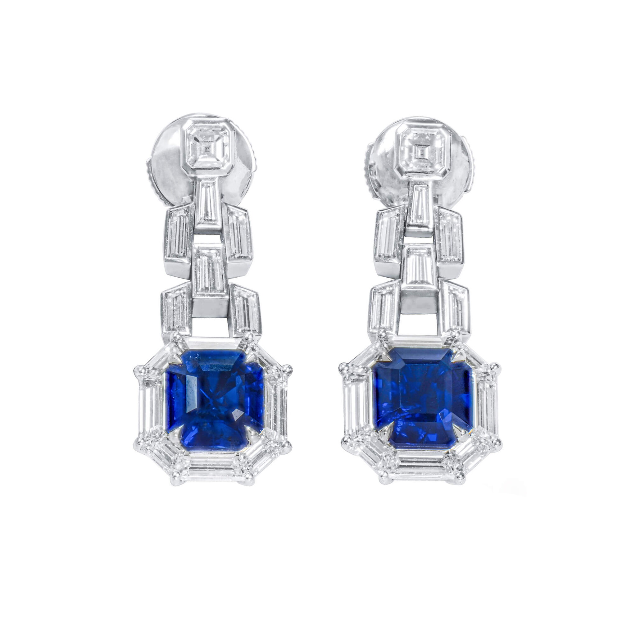 White Gold, 3.23ctw Burmese Royal Blue Sapphire and Diamond Drop Earrings — view 1