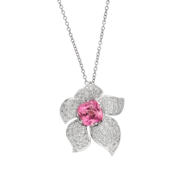 White Gold, 3.50ct Tourmaline and Diamond Floral Pendant Necklace
