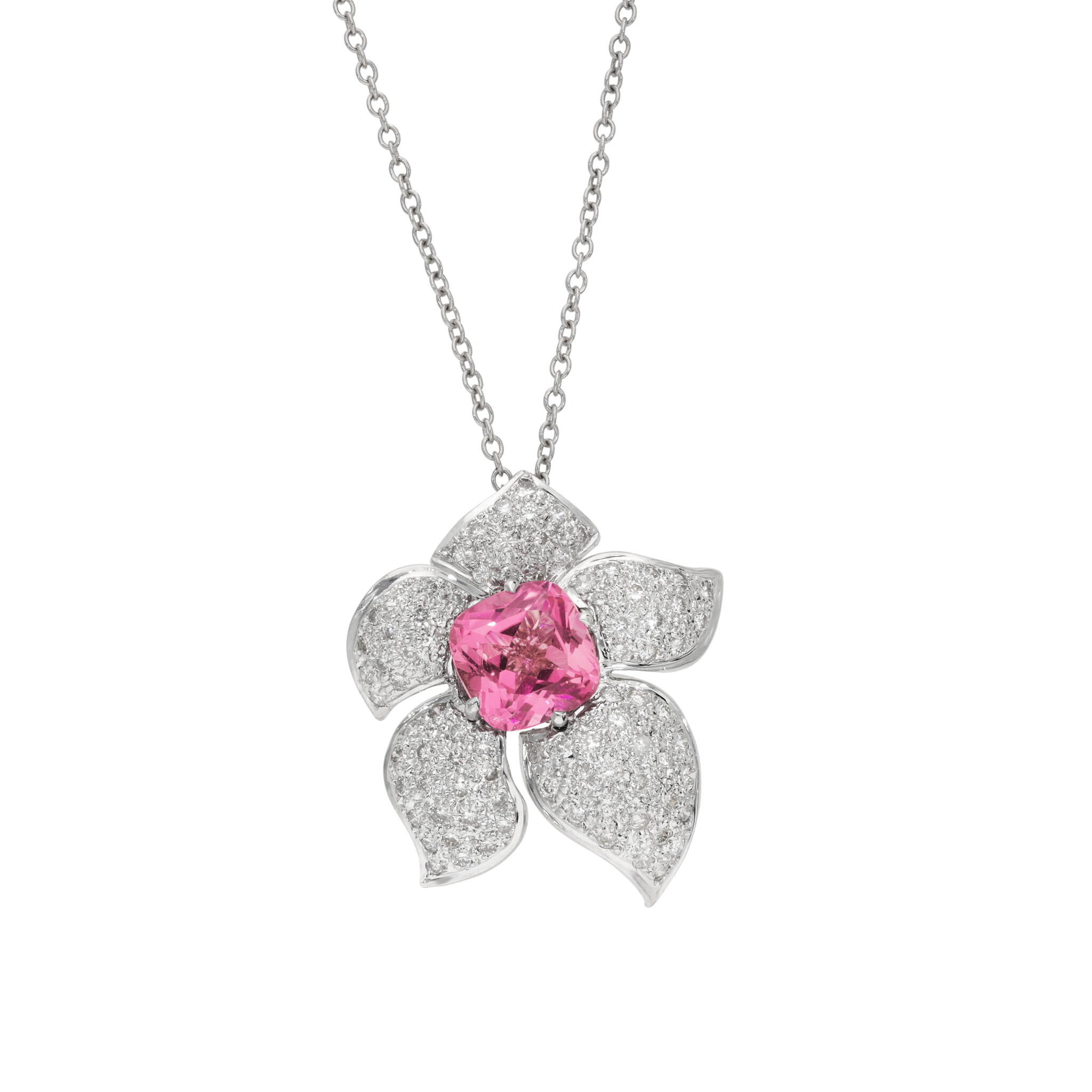 White Gold, 3.50ct Tourmaline and Diamond Floral Pendant Necklace — view 1