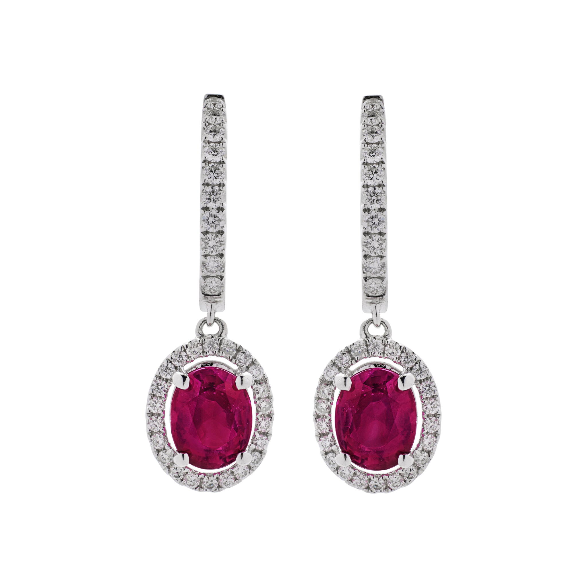 White Gold, 3.59ctw Burma Ruby and Diamond Drop Earrings — view 1