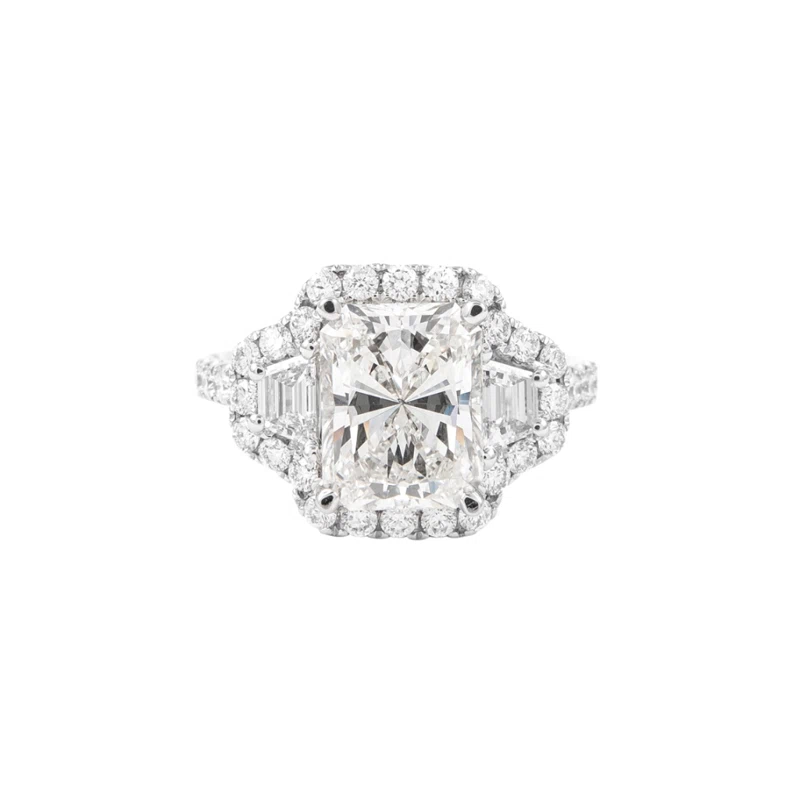 White Gold, 3.00ct Radiant Cut Diamond and Diamond Three Stone Ring