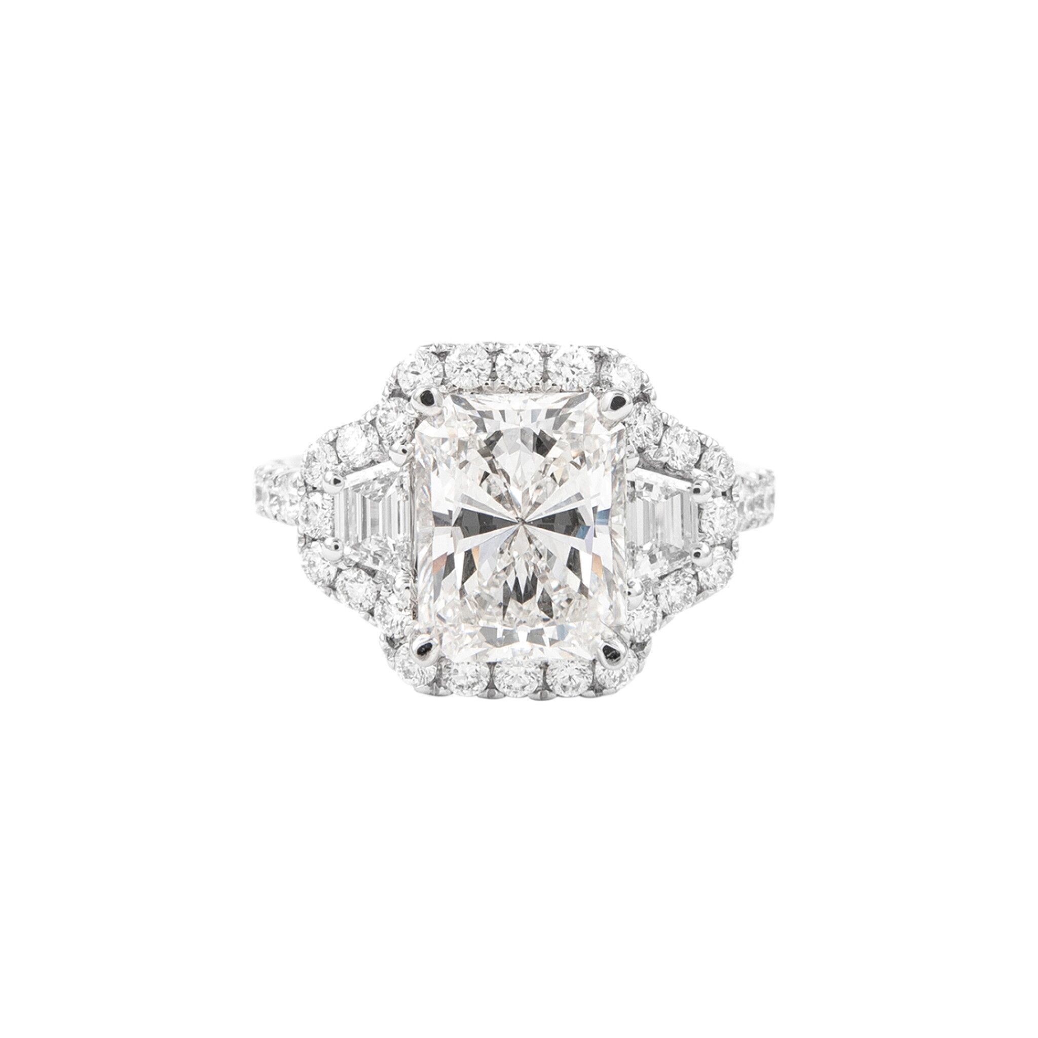 White Gold, 3.00ct Radiant Cut Diamond and Diamond Three Stone Ring — view 1