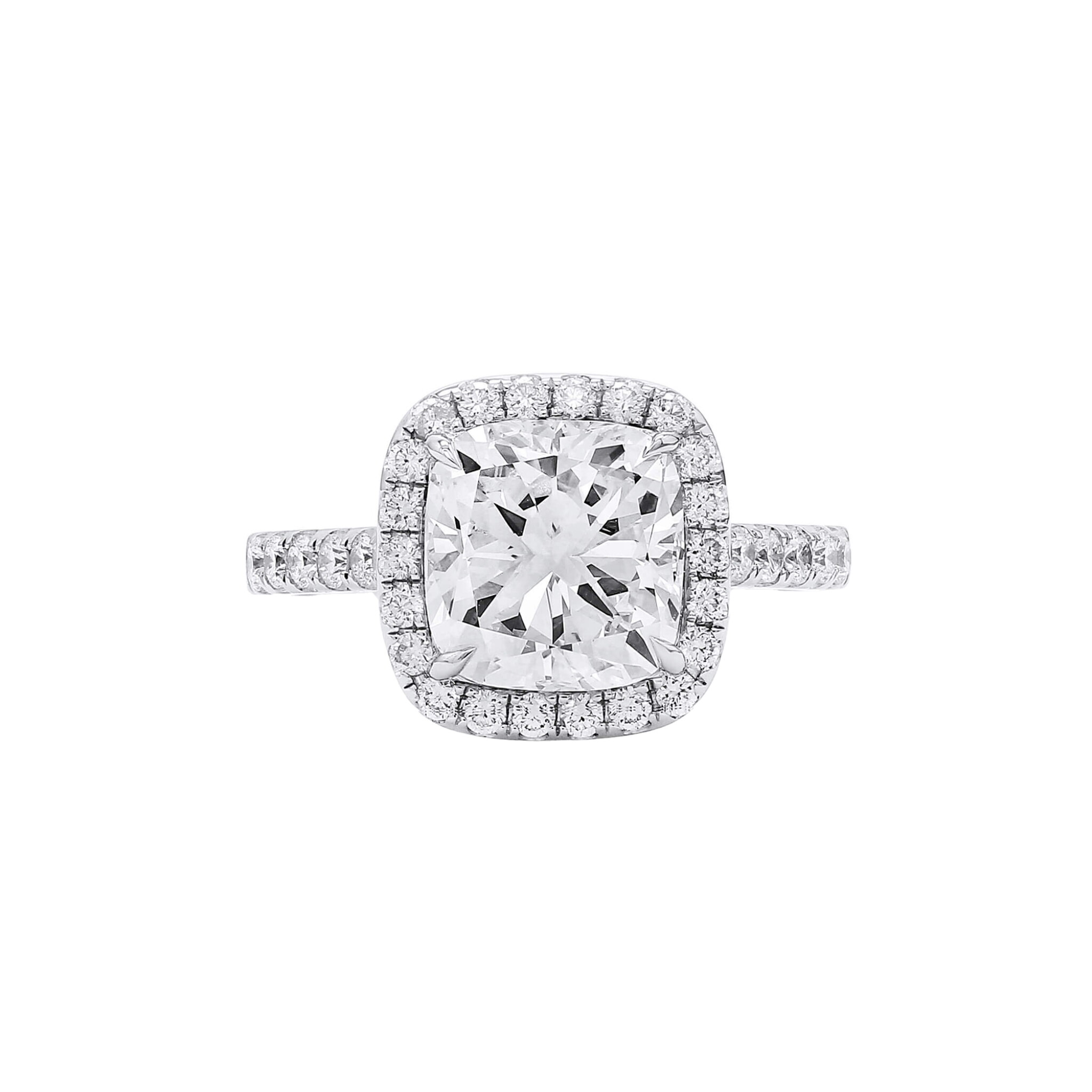 White Gold, 3.01ct Cushion Cut Diamond and Diamond Engagement Ring — view 1