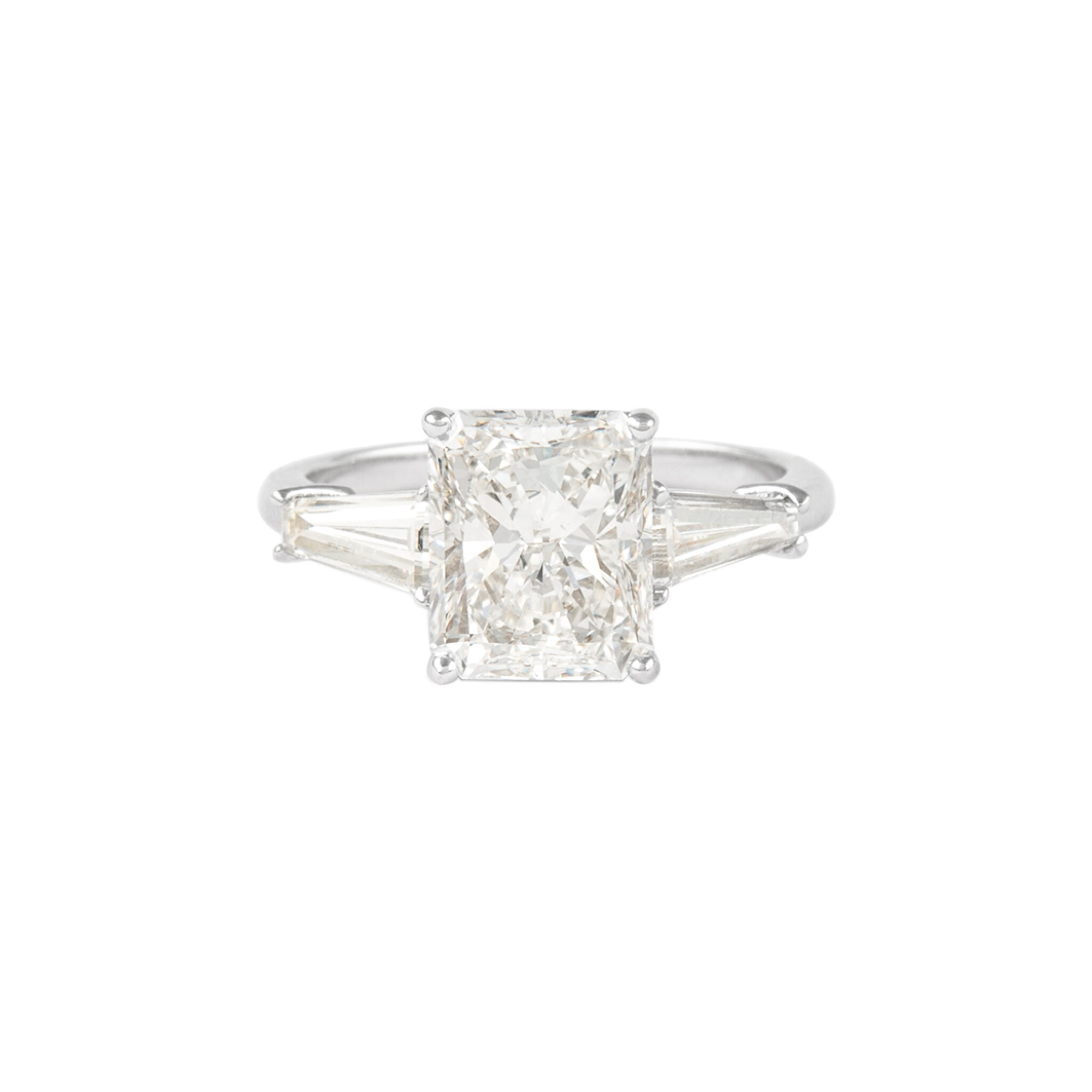 White Gold and 3.02ct Radiant Cut Diamond Three Stone Engagement Ring — view 1