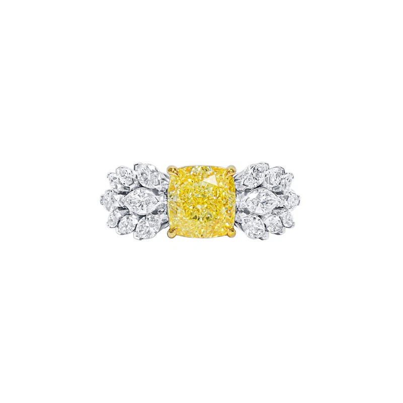 White Gold, 3.03ct Cushion Cut Fancy Yellow Diamond and Diamond Ring