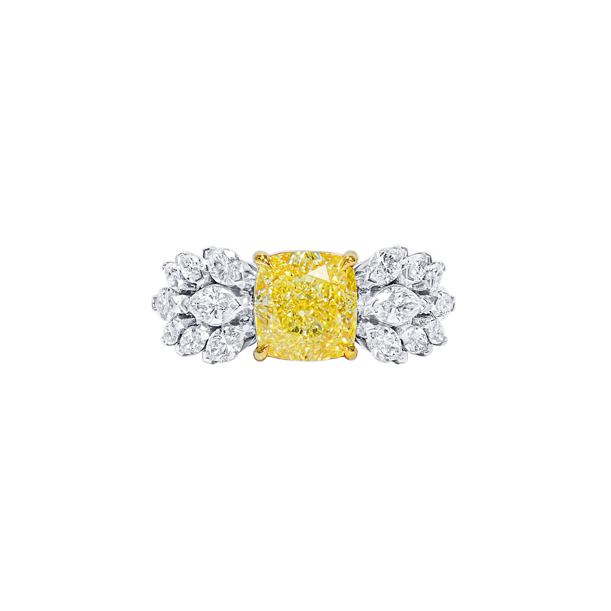 White Gold, 3.03ct Cushion Cut Fancy Yellow Diamond and Diamond Ring — view 1