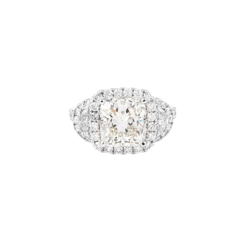 White Gold, 3.05ct Cushion Cut Diamond and Diamond Three Stone Ring