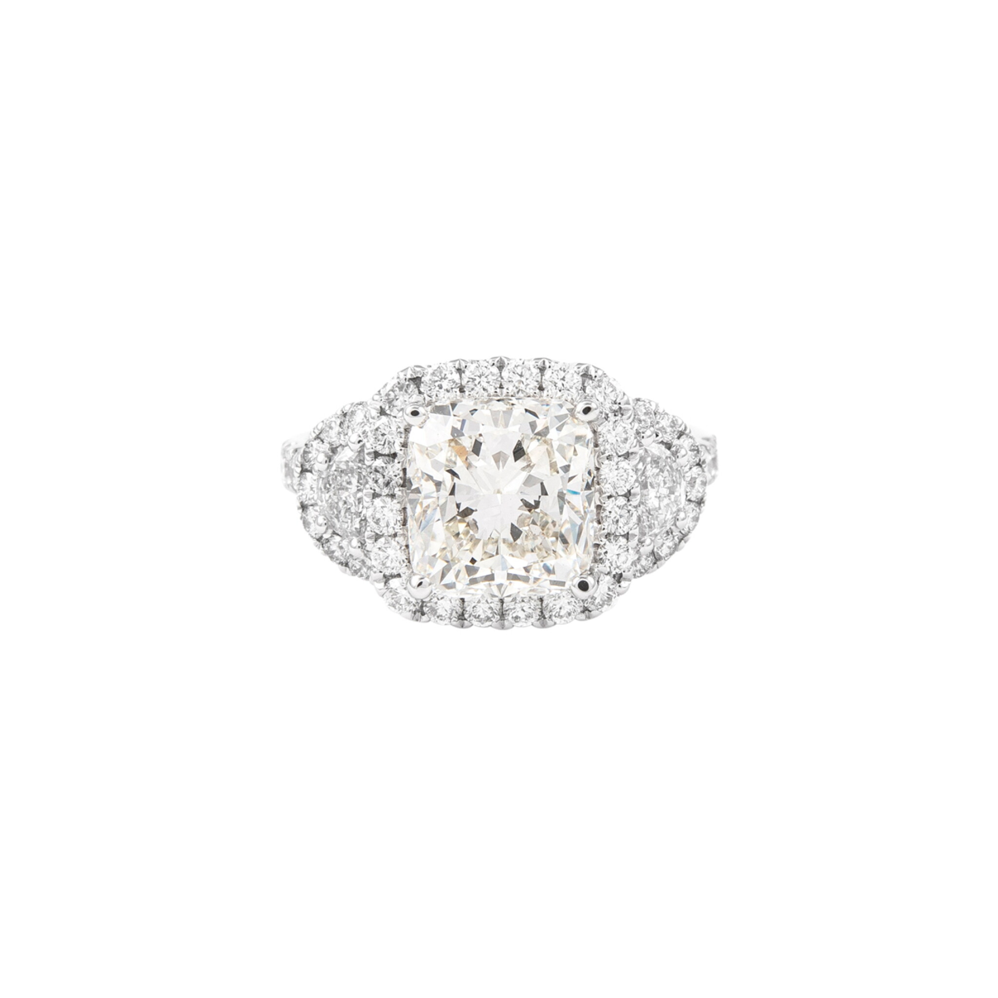 White Gold, 3.05ct Cushion Cut Diamond and Diamond Three Stone Ring — view 1