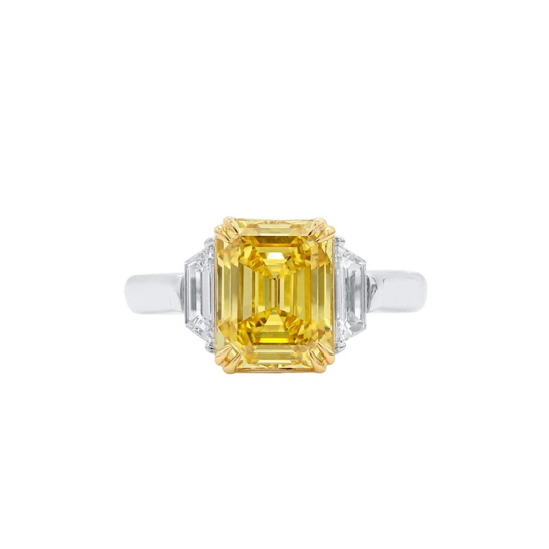 White Gold, Gold, 3.08ct Emerald Cut Fancy Vivid Yellow Diamond and Diamond Engagement Ring 