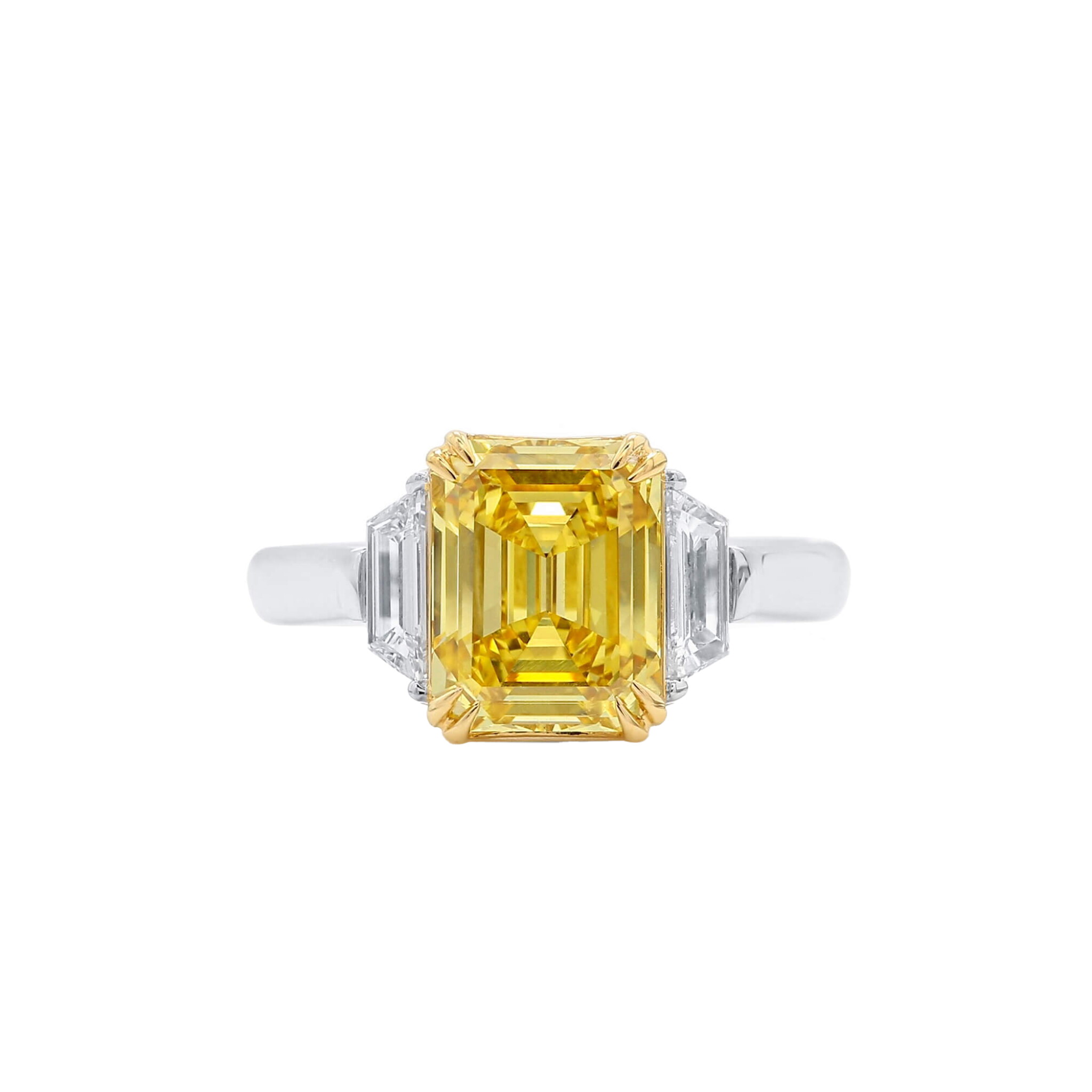 White Gold, Gold, 3.08ct Emerald Cut Fancy Vivid Yellow Diamond and Diamond Engagement Ring  — view 1