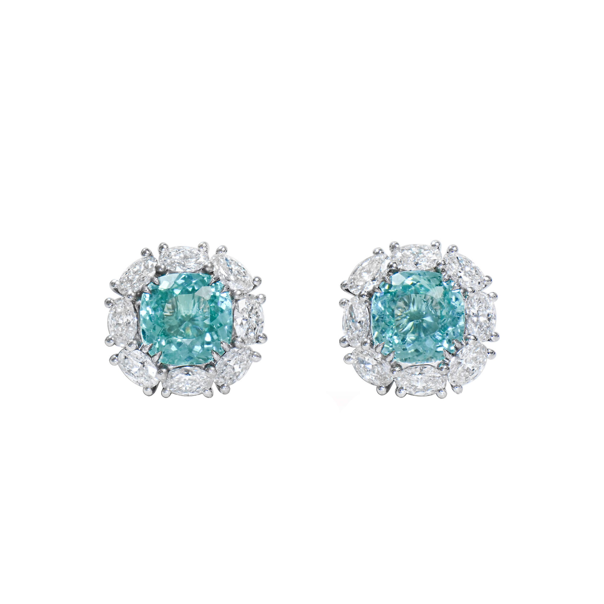 White Gold, 3.23ctw Paraíba-Type Tourmaline and Diamond Earclips — view 1