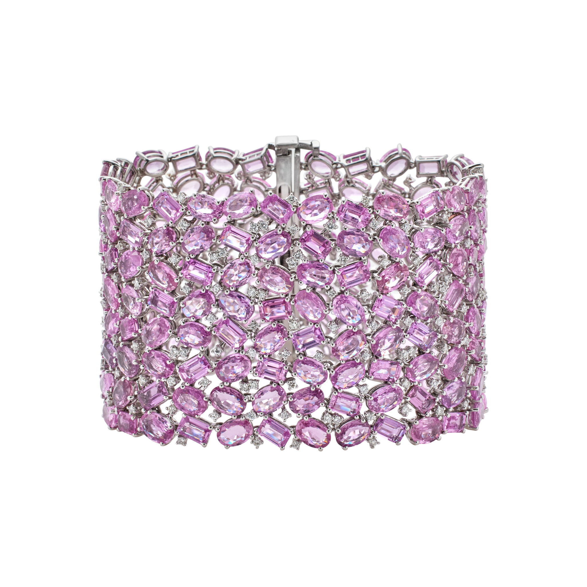 White Gold, 326.10ctw Pink Sapphire and Diamond Mesh Bracelet — view 1