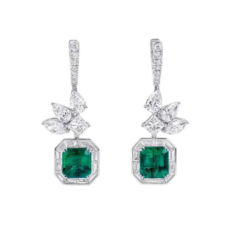 White Gold, 3.37ct Colombian Emerald and Diamond Earrings