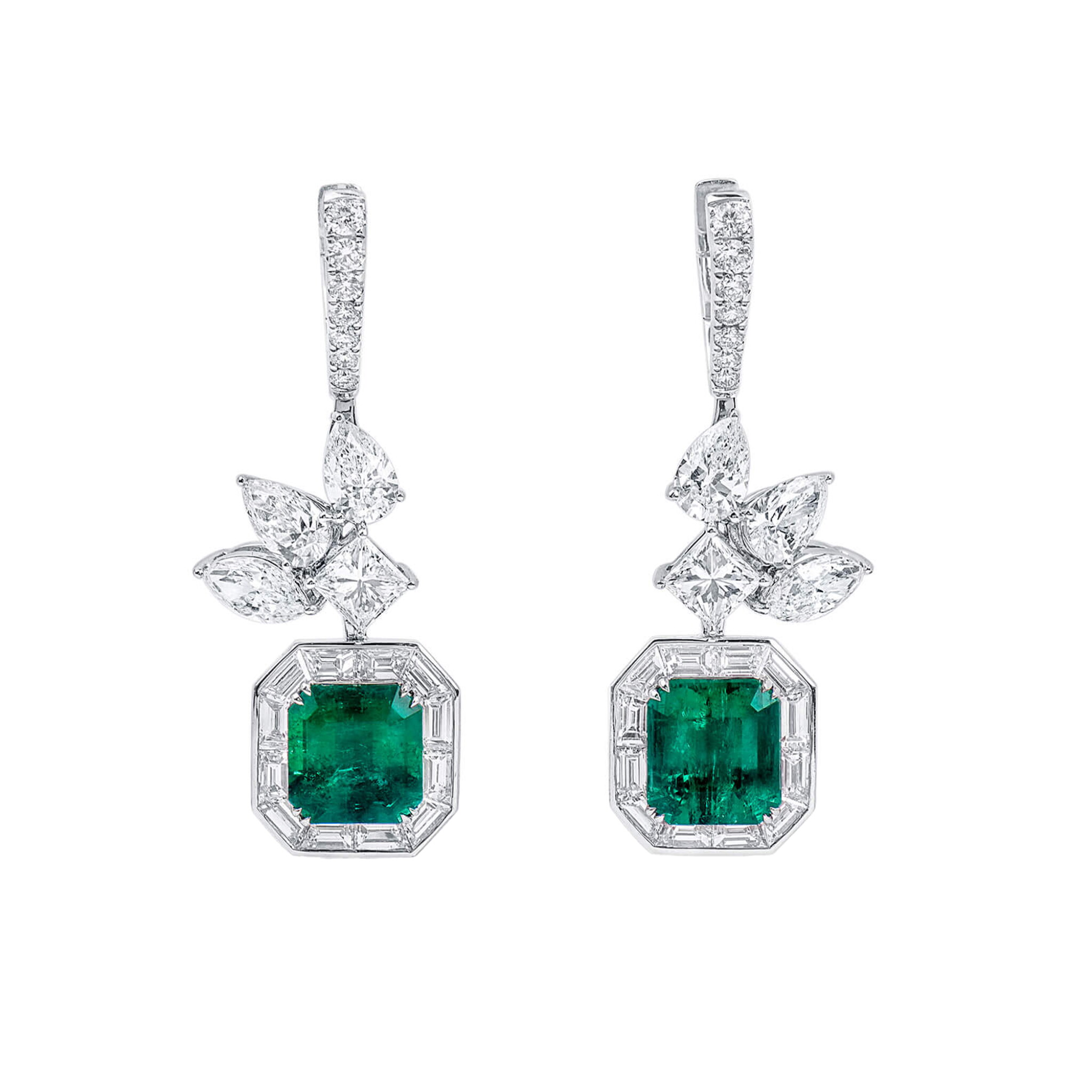 White Gold, 3.37ct Colombian Emerald and Diamond Earrings   — view 1