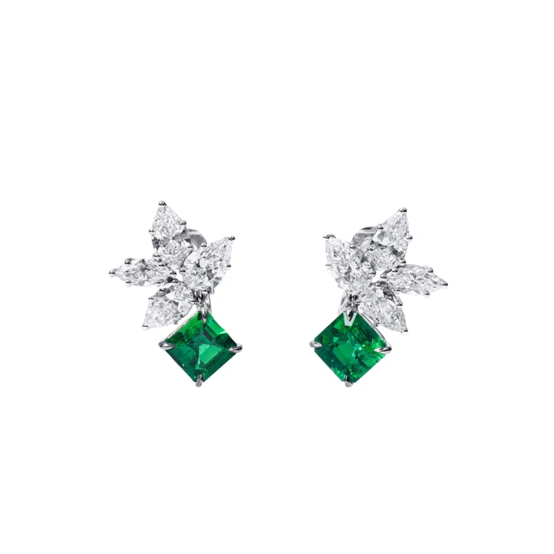 White Gold, 3.66ctw Colombian Emerald and Diamond Cluster Drop Earrings