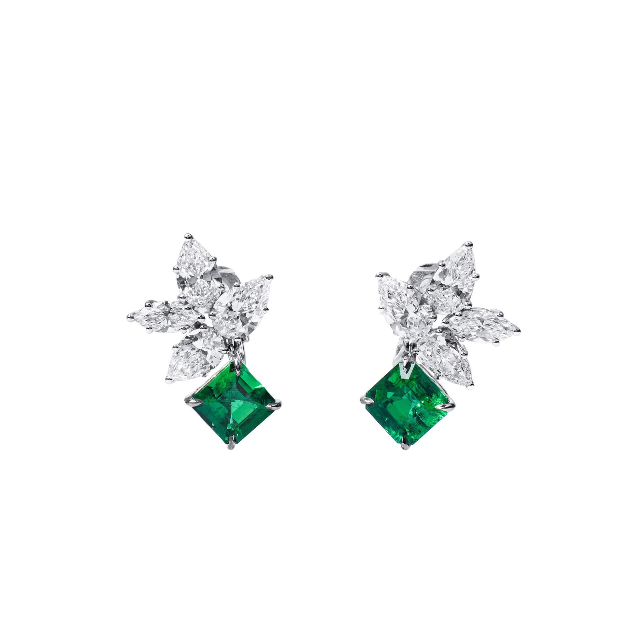 White Gold, 3.66ctw Colombian Emerald and Diamond Cluster Drop Earrings — view 1