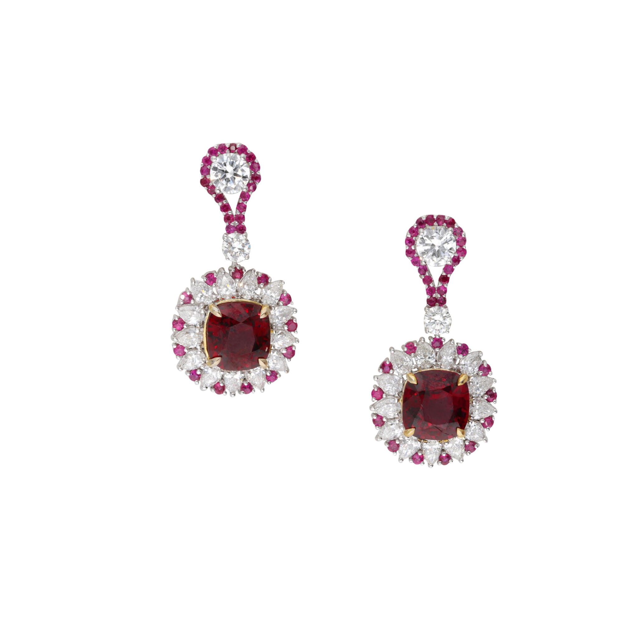 White Gold, 4.07ctw Burmese Spinel, Ruby and Diamond Drop Earrings — view 1