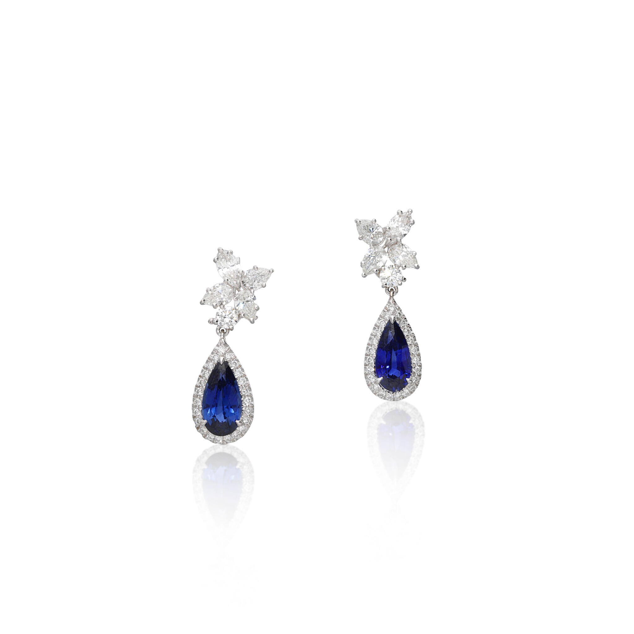 White Gold, 4.15ct Sapphire and Diamond Drop Earclips — view 1