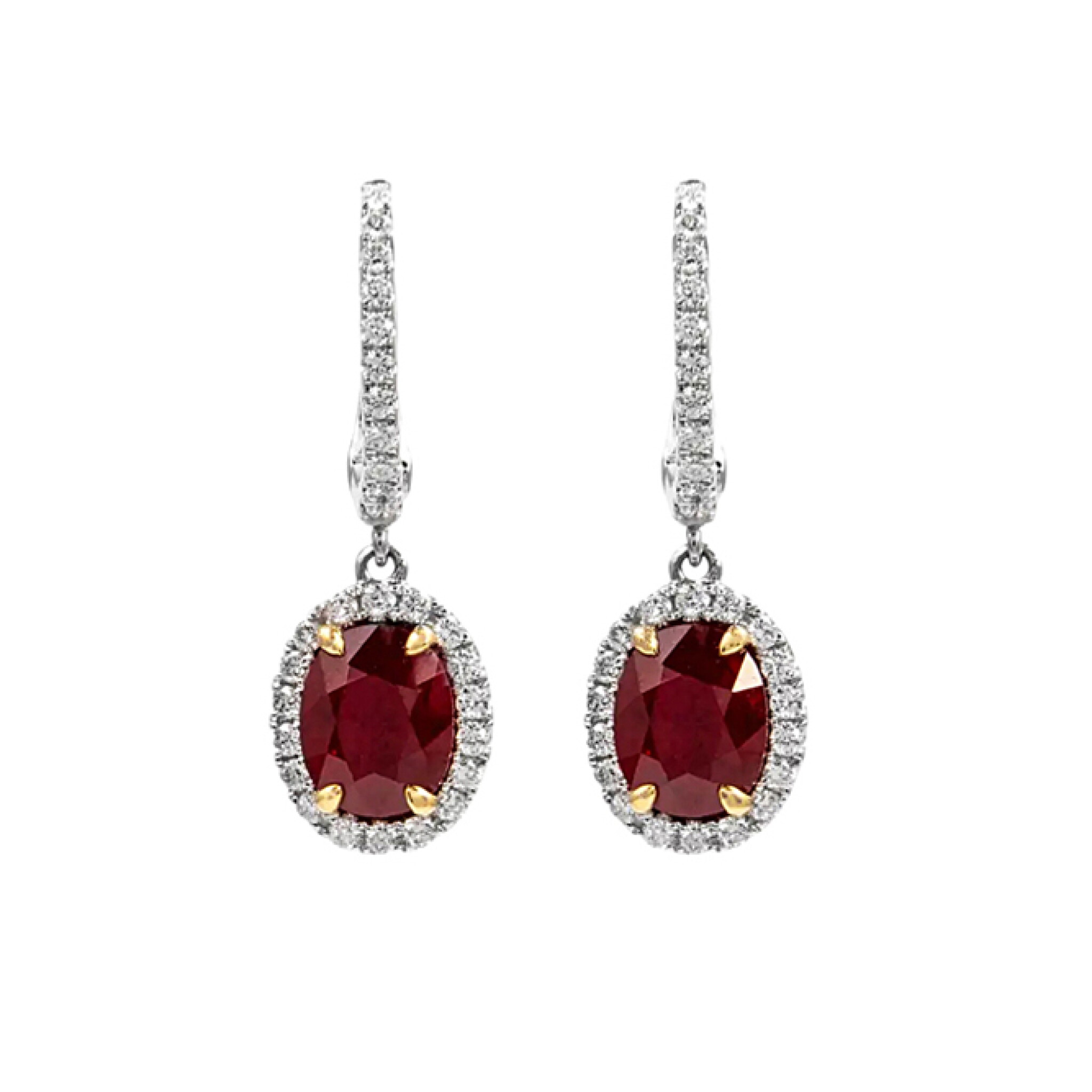 White Gold, 4.20ct Burmese Ruby and Diamond Drop Earrings — view 1