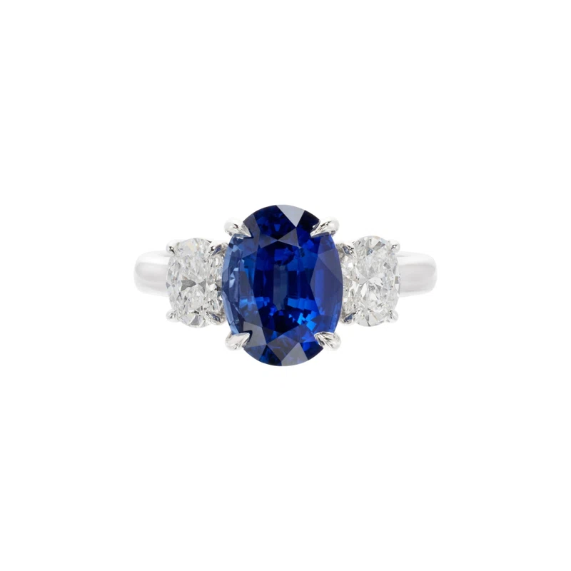 White Gold, 4.27ct Madagascar Sapphire and Diamond Three Stone Ring