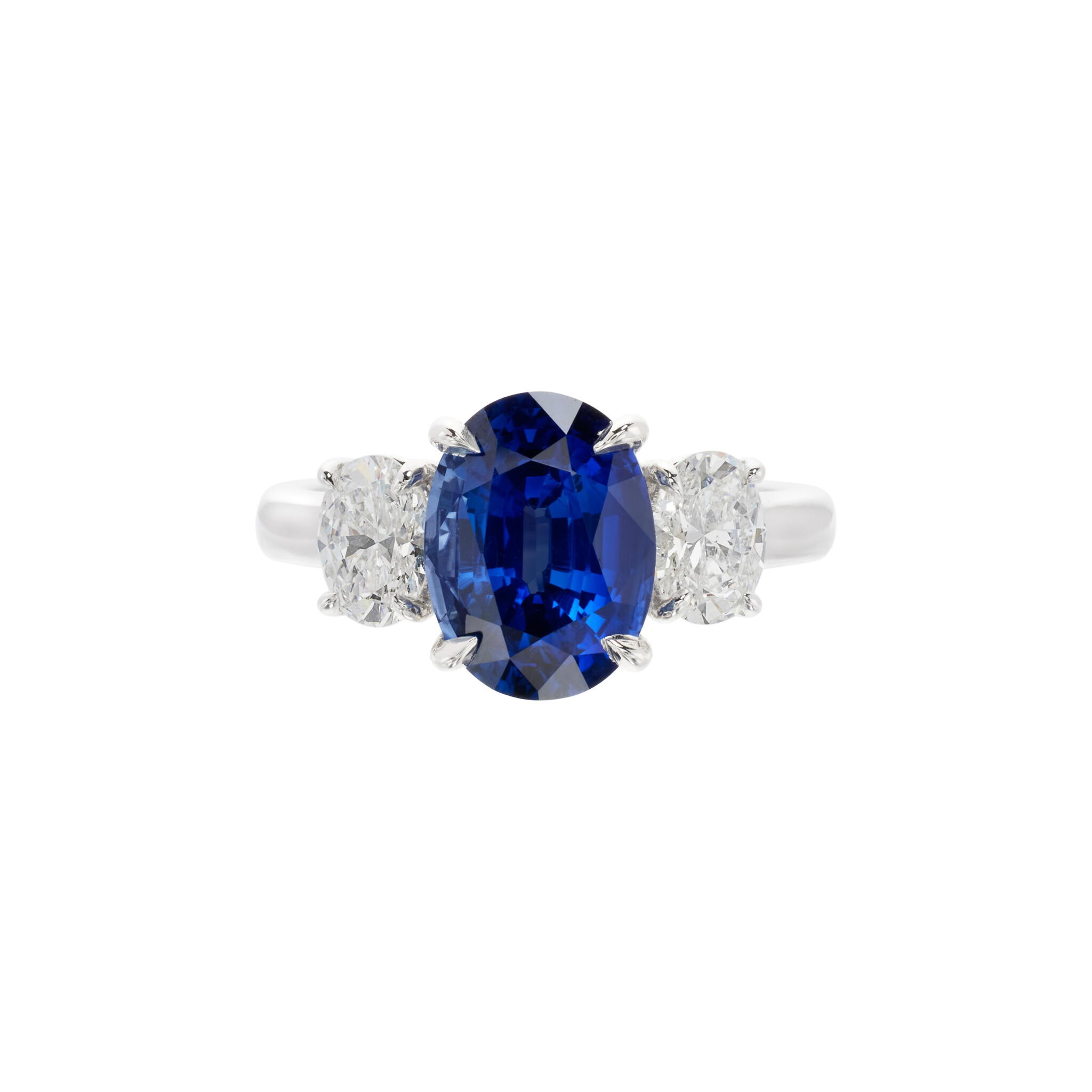 White Gold, 4.27ct Madagascar Sapphire and Diamond Three Stone Ring — view 1