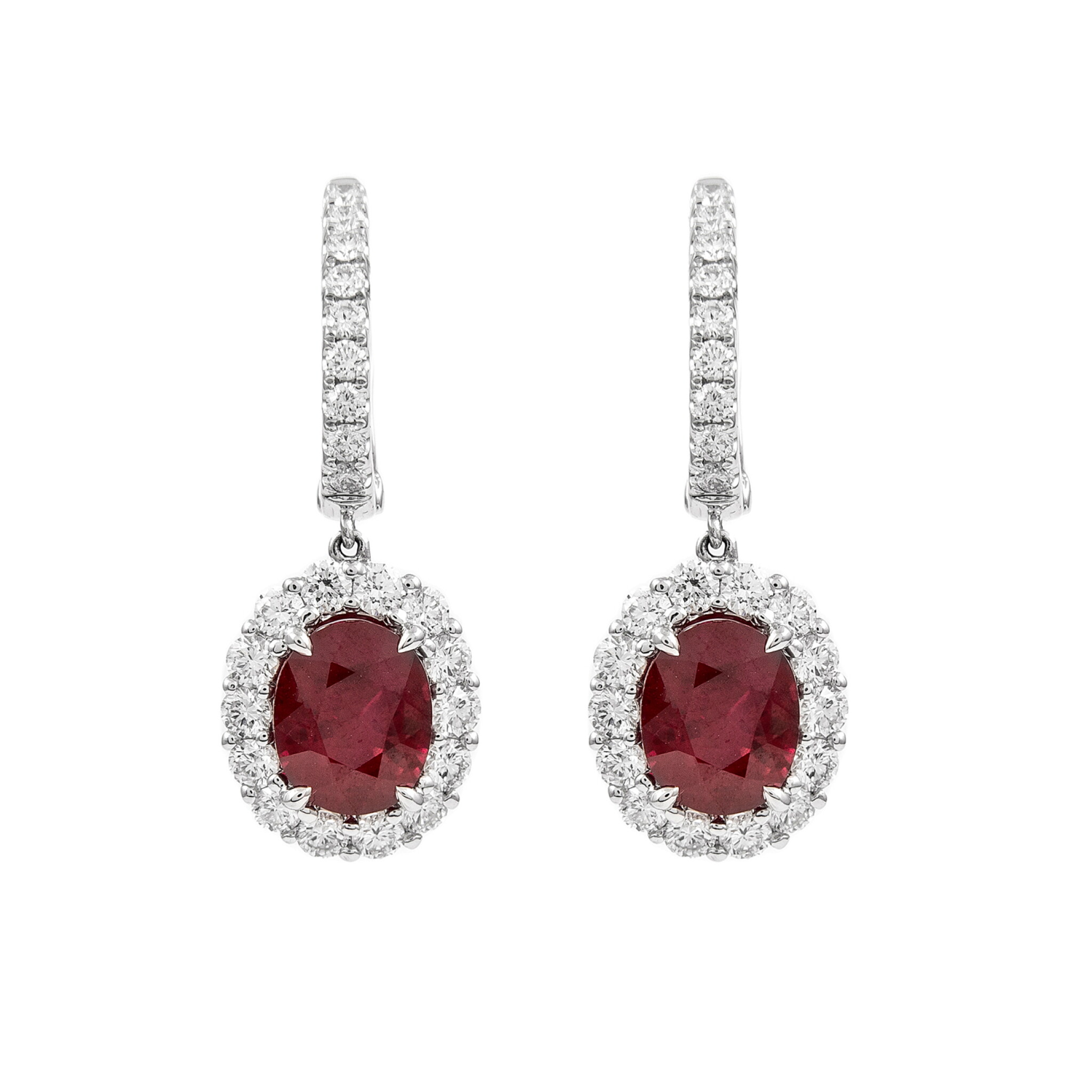 White Gold, 4.90ct Burmese Ruby and Diamond Drop Earrings — view 1