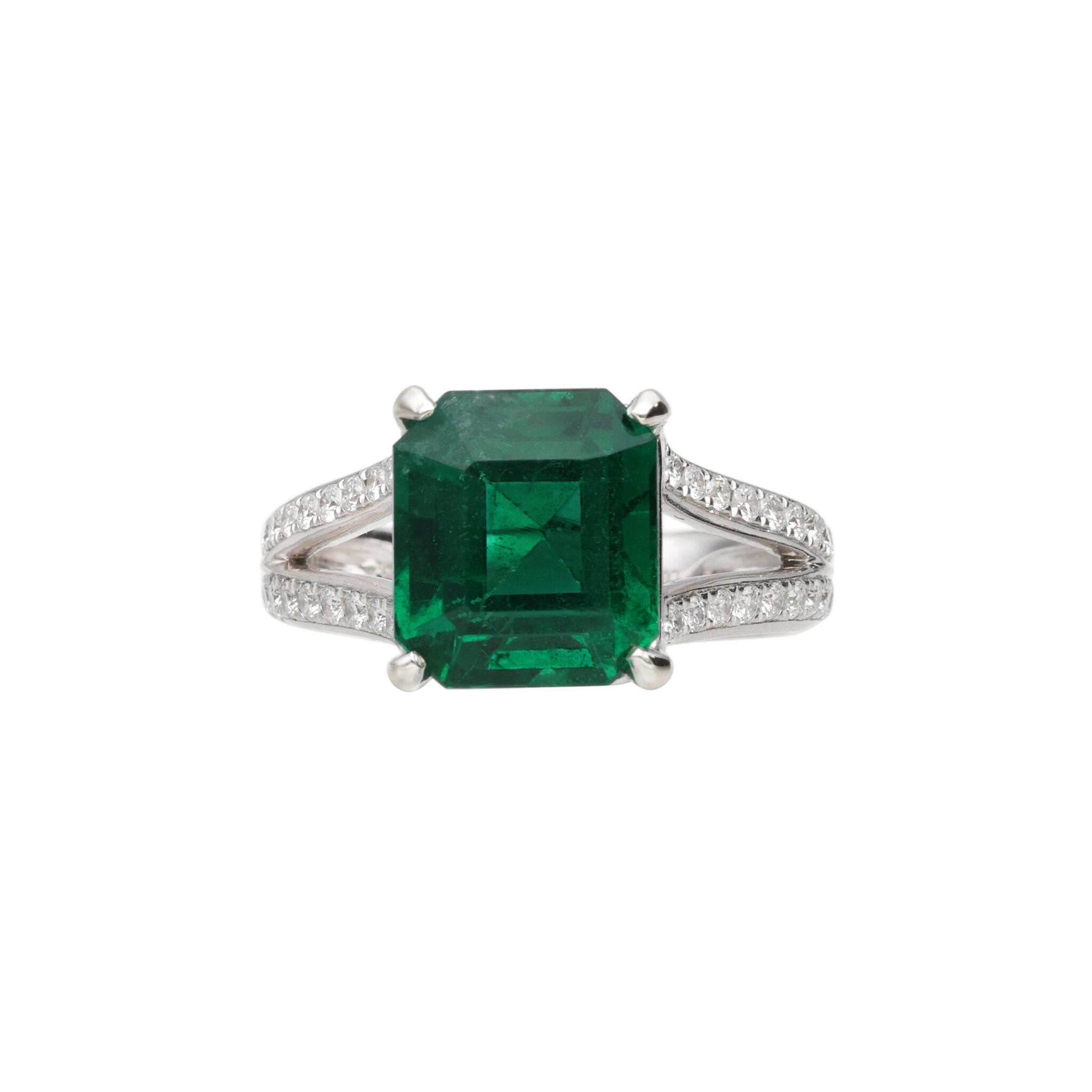 White Gold, 4.95ct Zambian Emerald and Diamond Ring — view 1