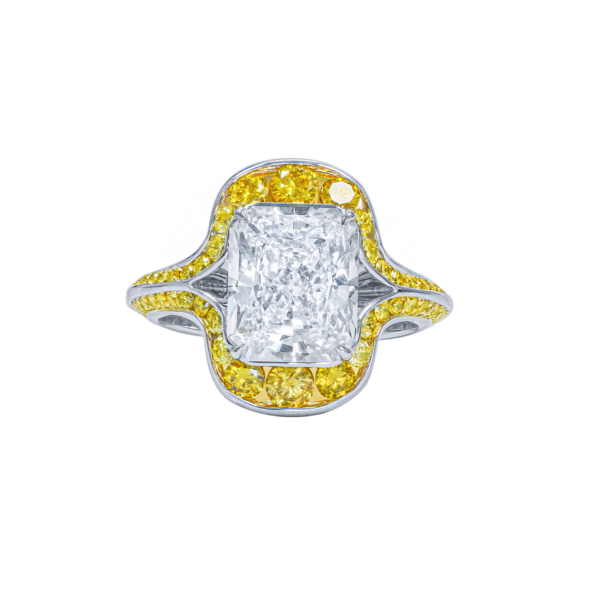 White Gold, 4.05ct Radiant Cut Diamond and Yellow Diamond Ring  — view 1