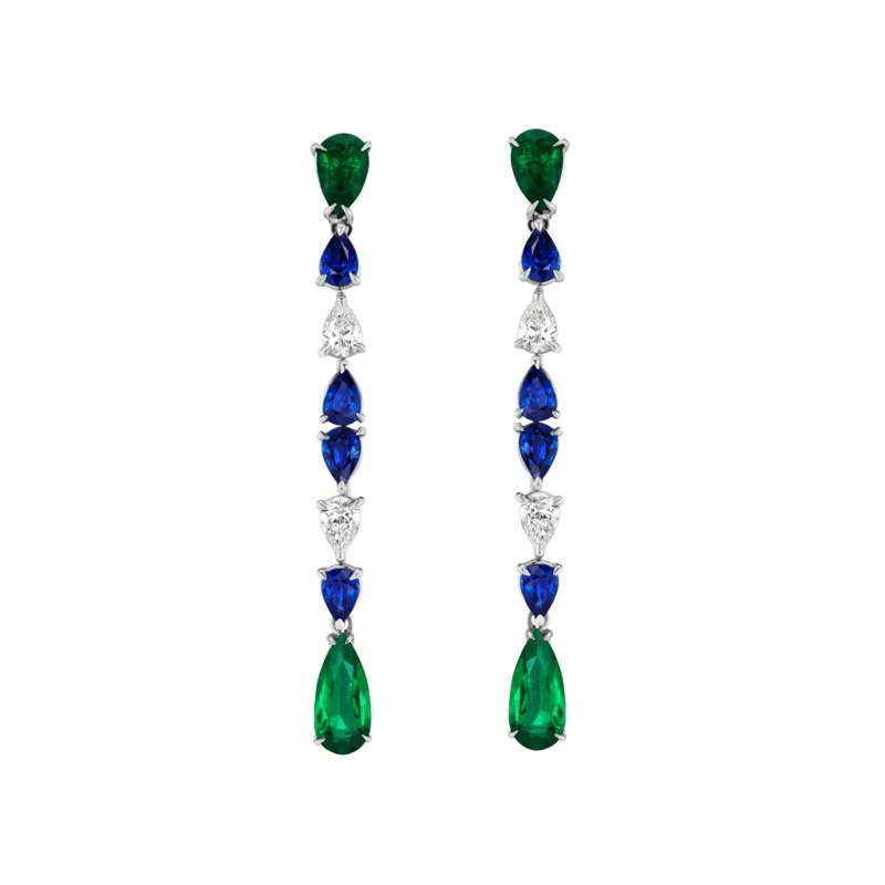 White Gold, Colombian Emerald, Sapphire and Diamond Drop Earrings