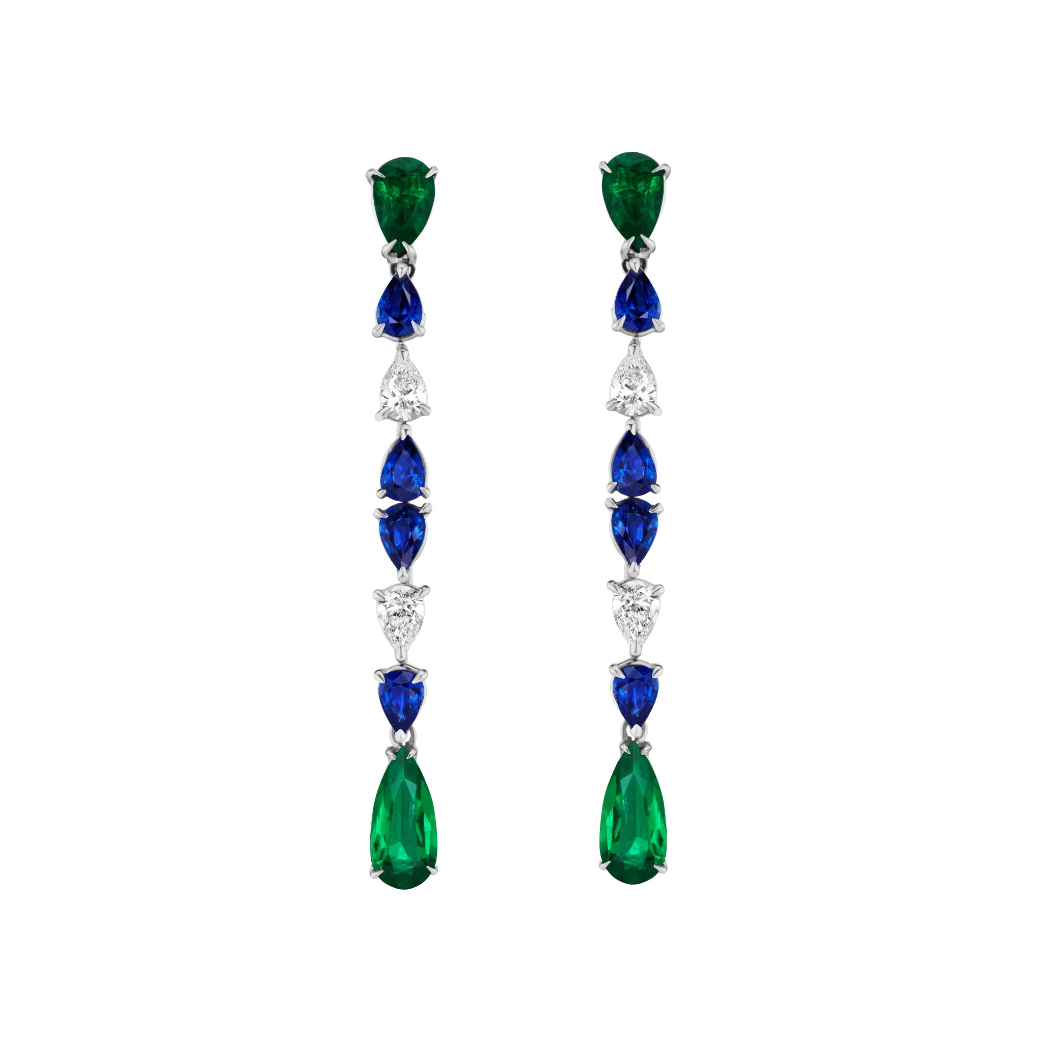 White Gold, Colombian Emerald, Sapphire and Diamond Drop Earrings — view 1