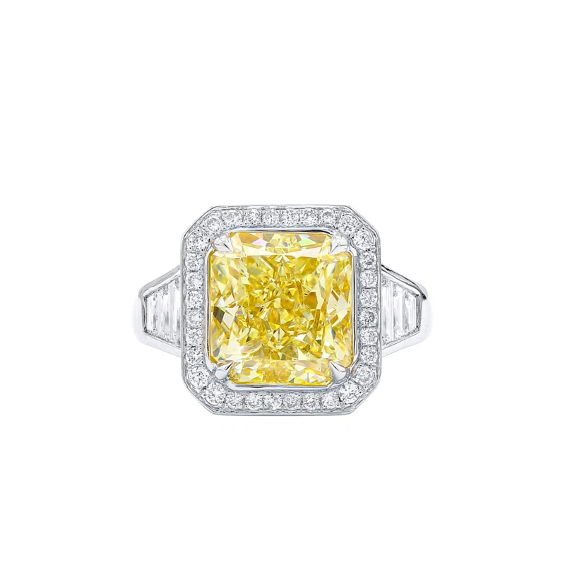White Gold, 5.03ct Radiant Cut Fancy Light Yellow Diamond and Diamond Engagement Ring