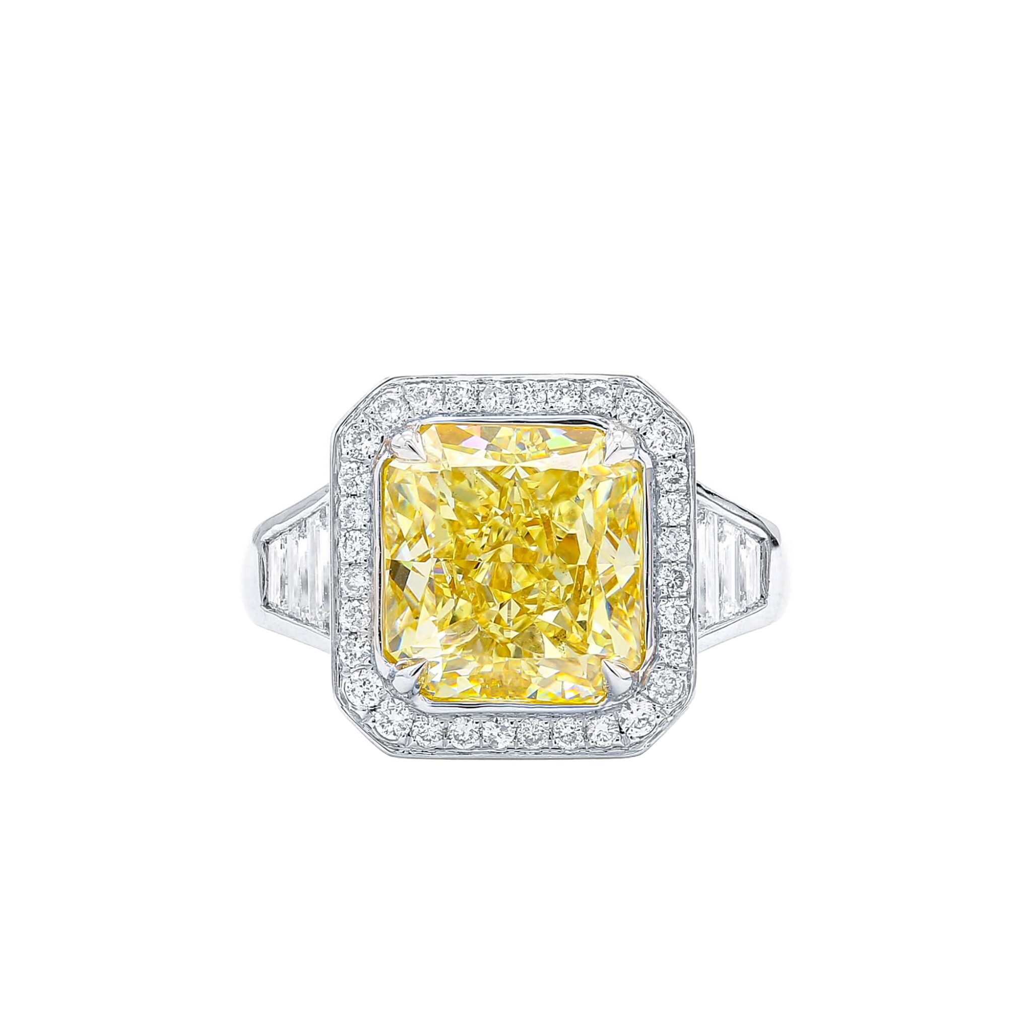 White Gold, 5.03ct Radiant Cut Fancy Light Yellow Diamond and Diamond Engagement Ring — view 1