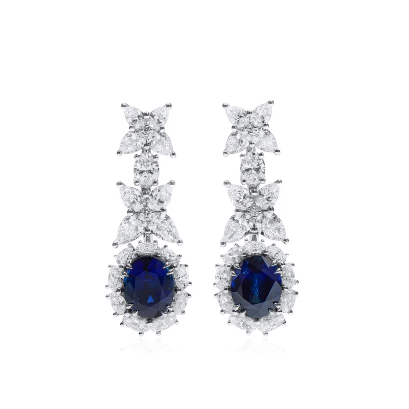 White Gold, 5.26ctw Burmese Sapphire and Diamond Drop Earrings