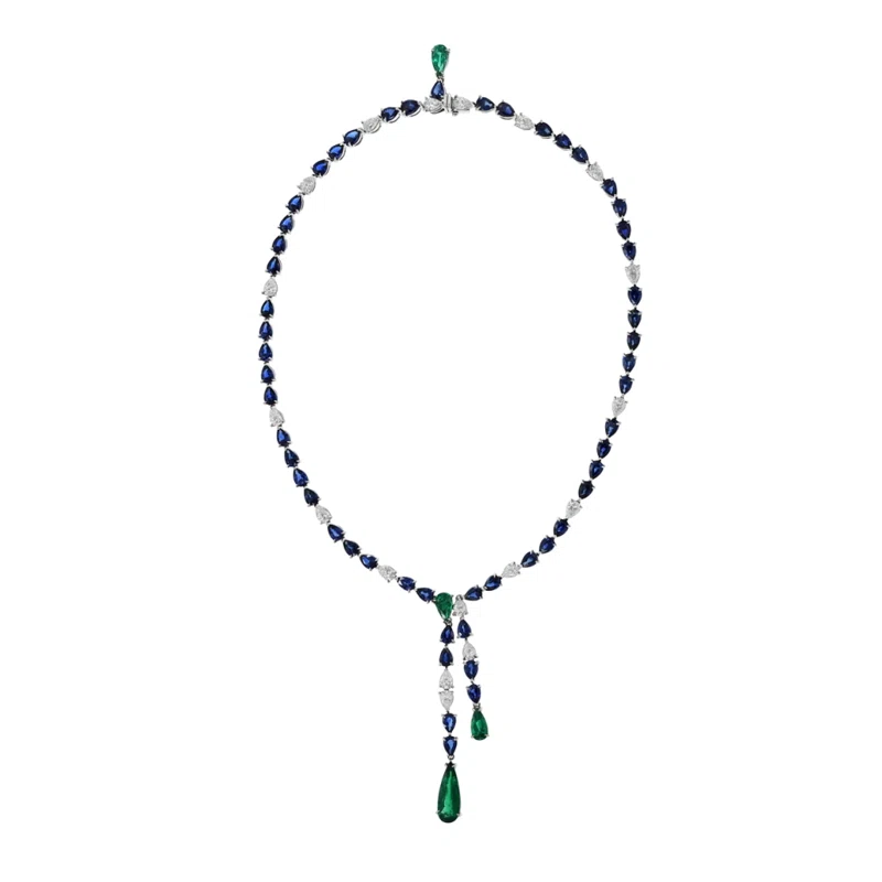 White Gold, Colombian Emerald, Sapphire and Diamond Lariat Necklace