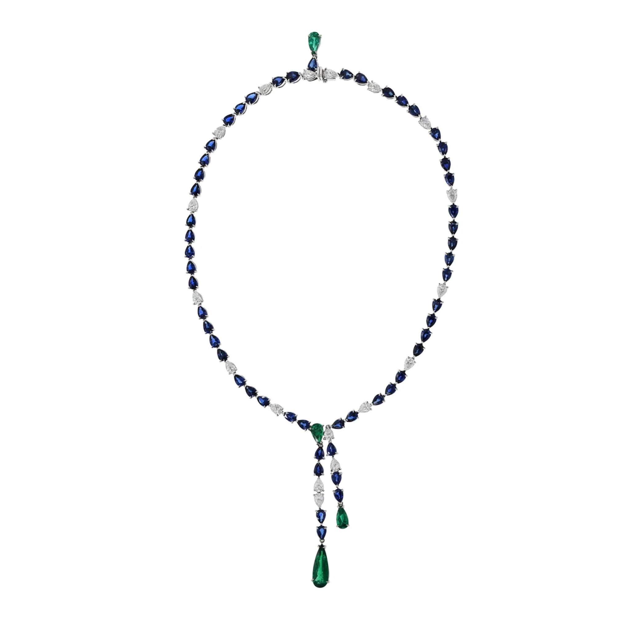 White Gold, Colombian Emerald, Sapphire and Diamond Lariat Necklace — view 1