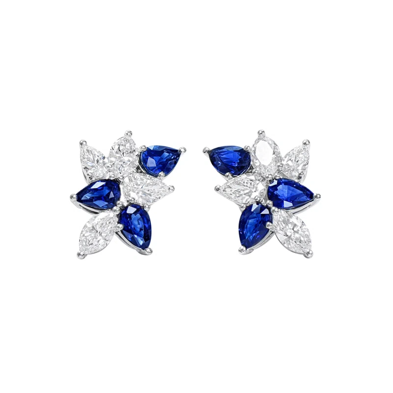 White Gold, Sapphire and Diamond Cluster Earrings