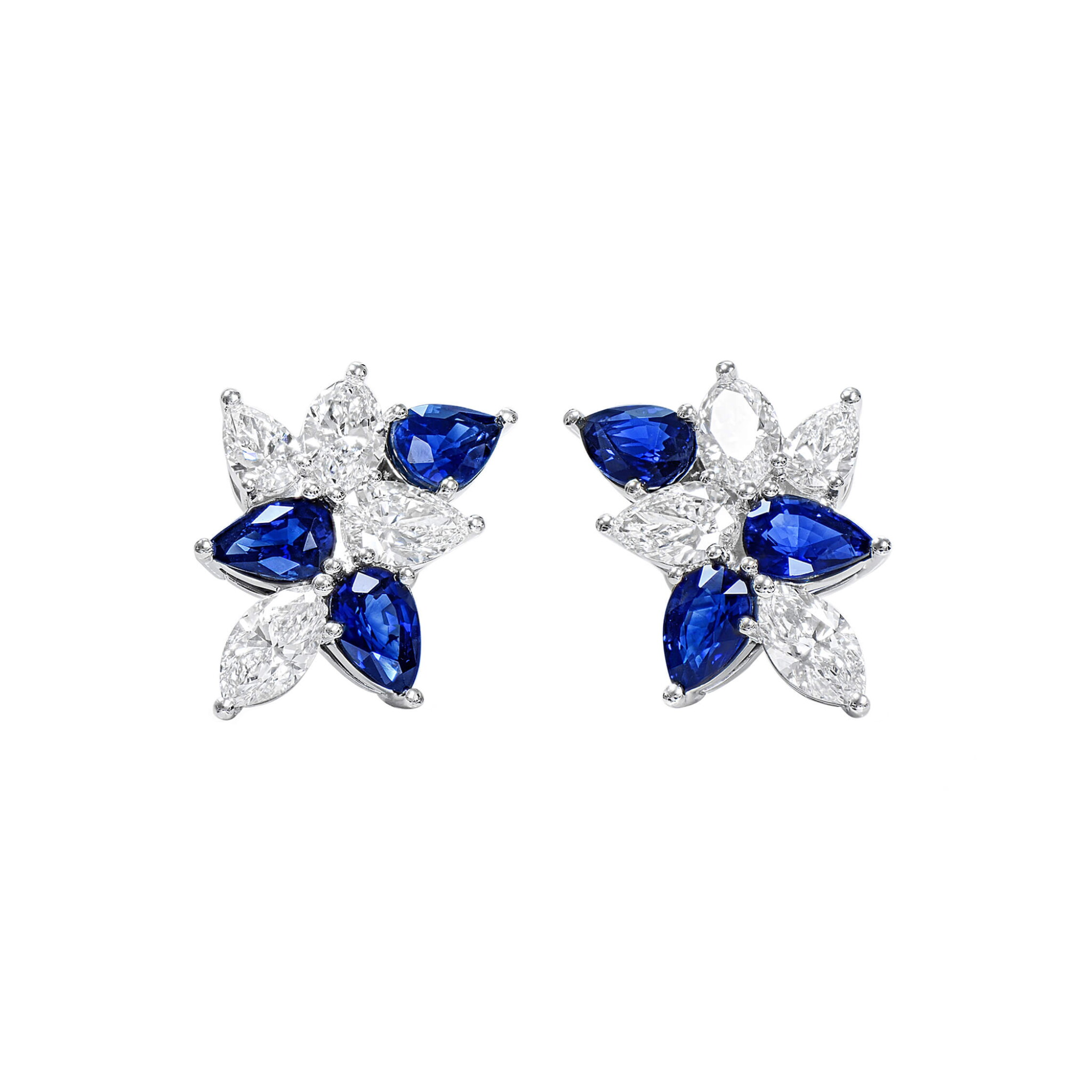 White Gold, Sapphire and Diamond Cluster Earrings — view 1