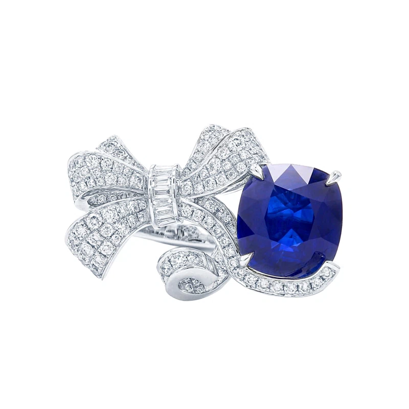 White Gold, 5.65ct Ceylon Royal Blue Sapphire and Diamond Bow Ring 