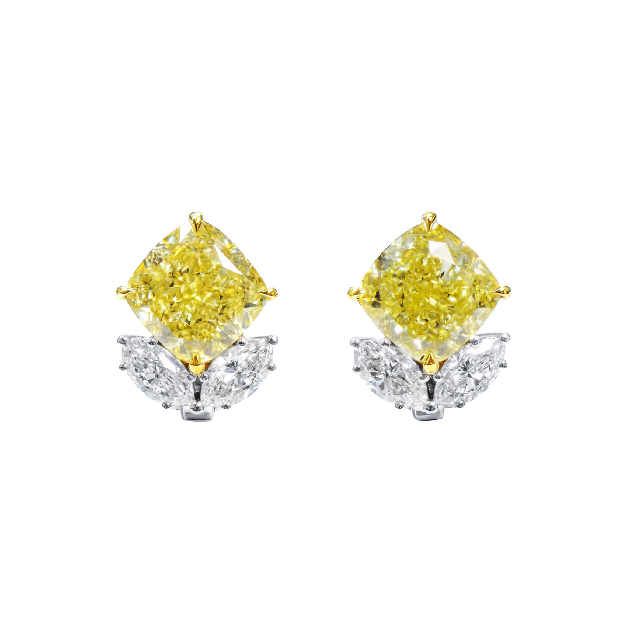 White Gold, 6.77ctw Cushion Cut Fancy Yellow Diamond and Diamond Earclips — view 1
