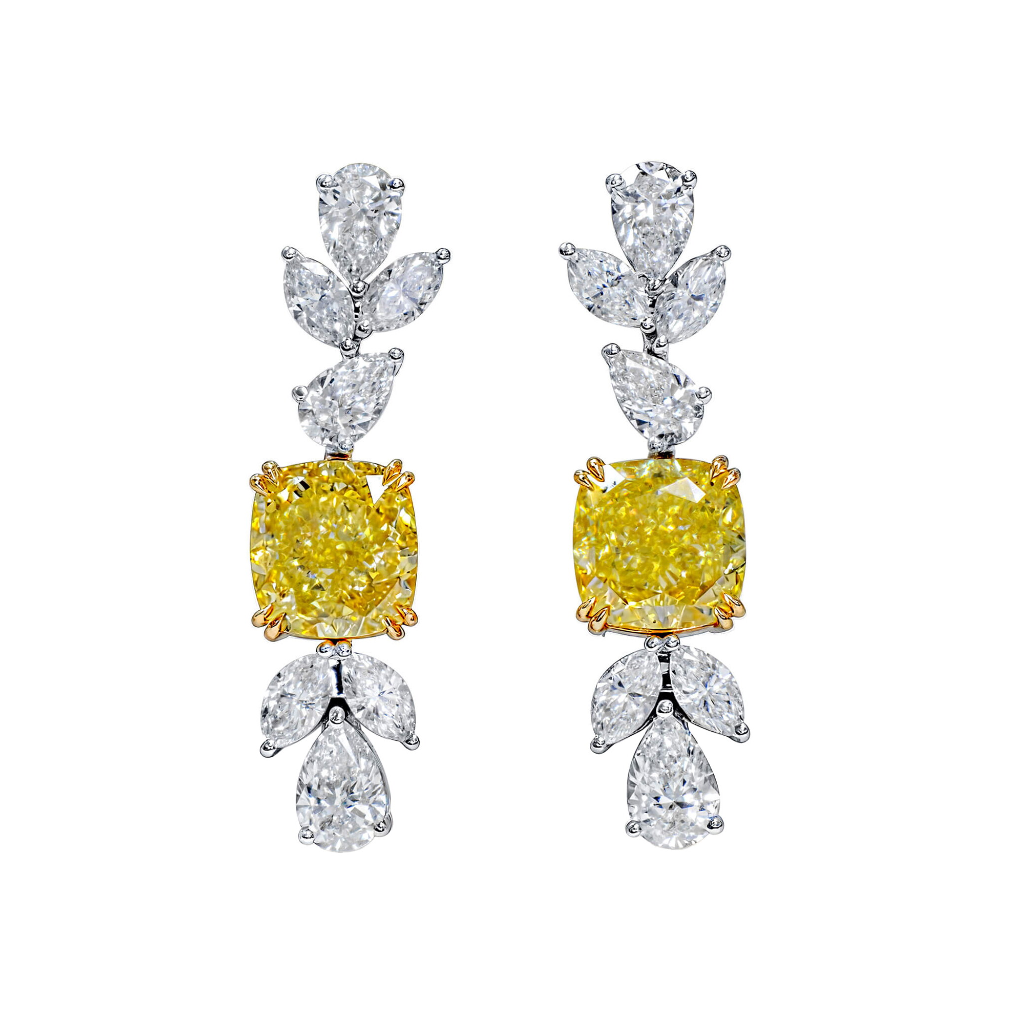 White Gold, 6.08ctw Cushion Cut Fancy Intense Yellow and Diamond Drop Earrings — view 1