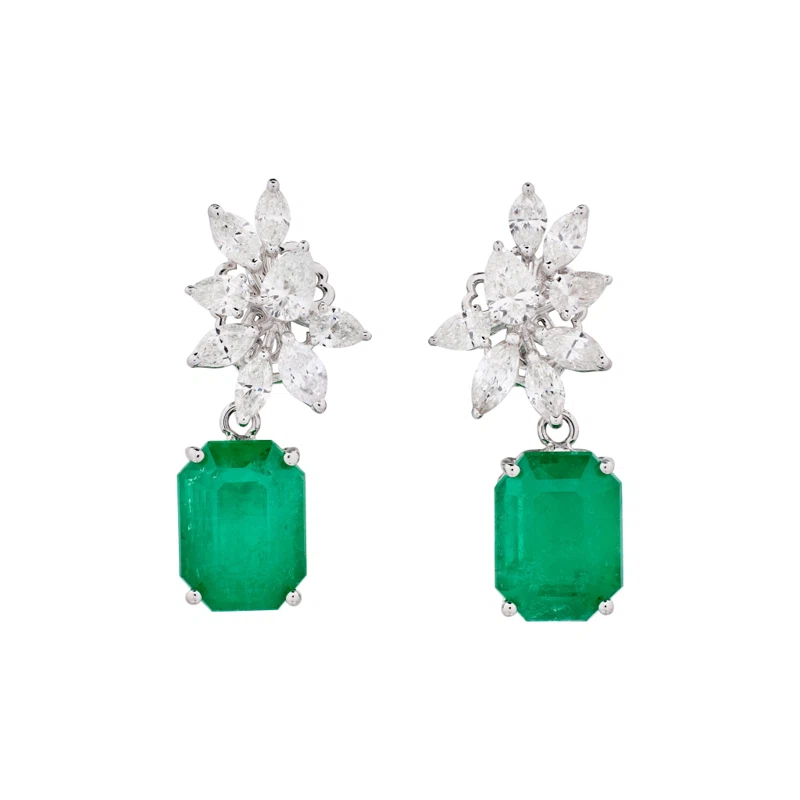 White Gold, 7.97ctw Colombian Emerald and Diamond Cluster Drop Earrings