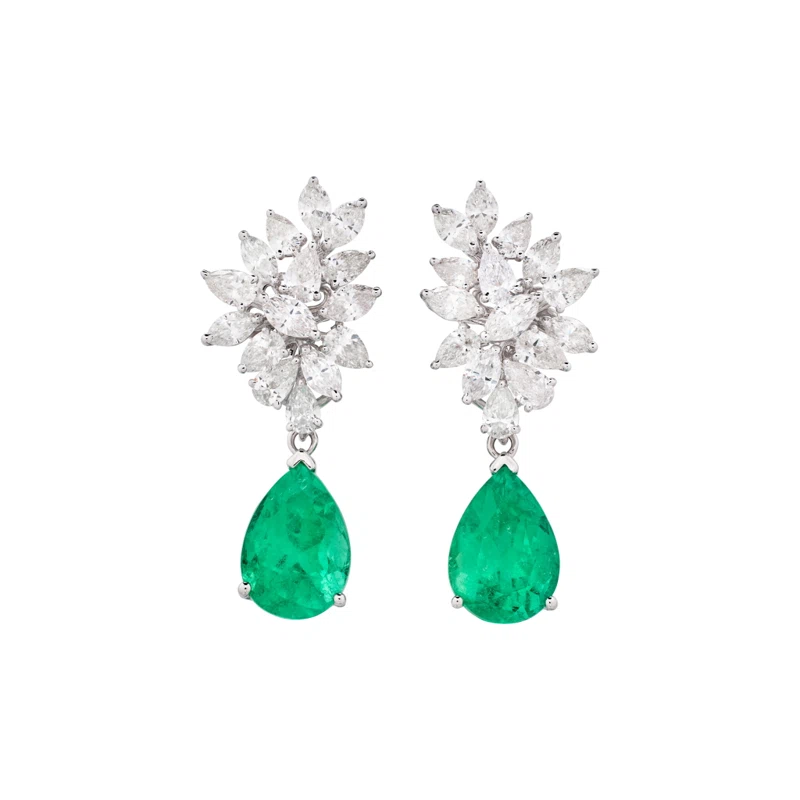 White Gold, 9.21ctw Colombian Emerald and Diamond Cluster Drop Earrings