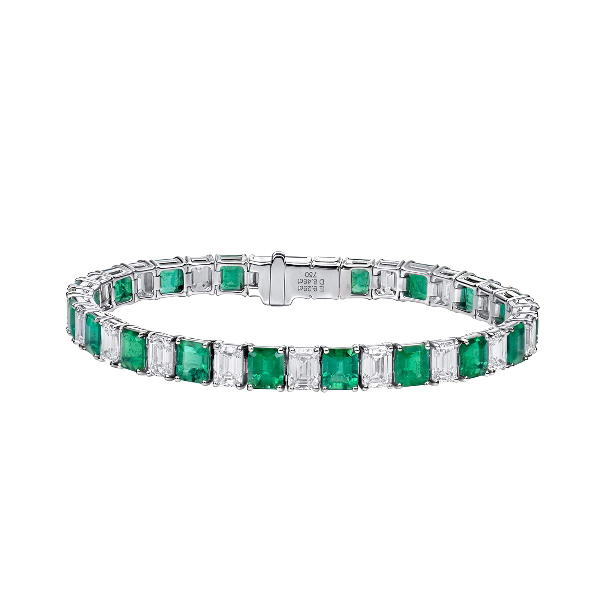 White Gold, 9.29ctw Colombian Emerald and 8.46ctw Diamond Tennis Bracelet — view 1