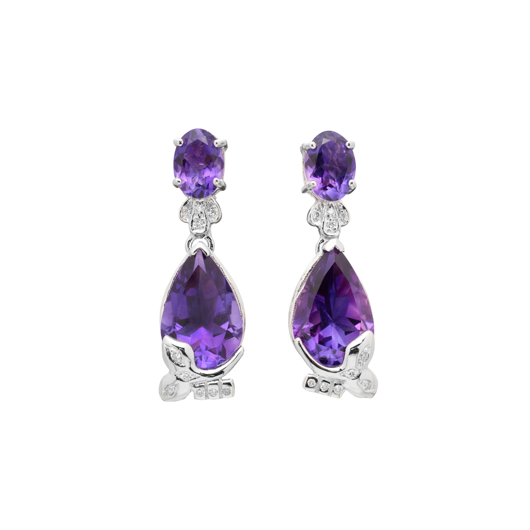 White Gold, Amethyst and Diamond Drop Earrings — view 1