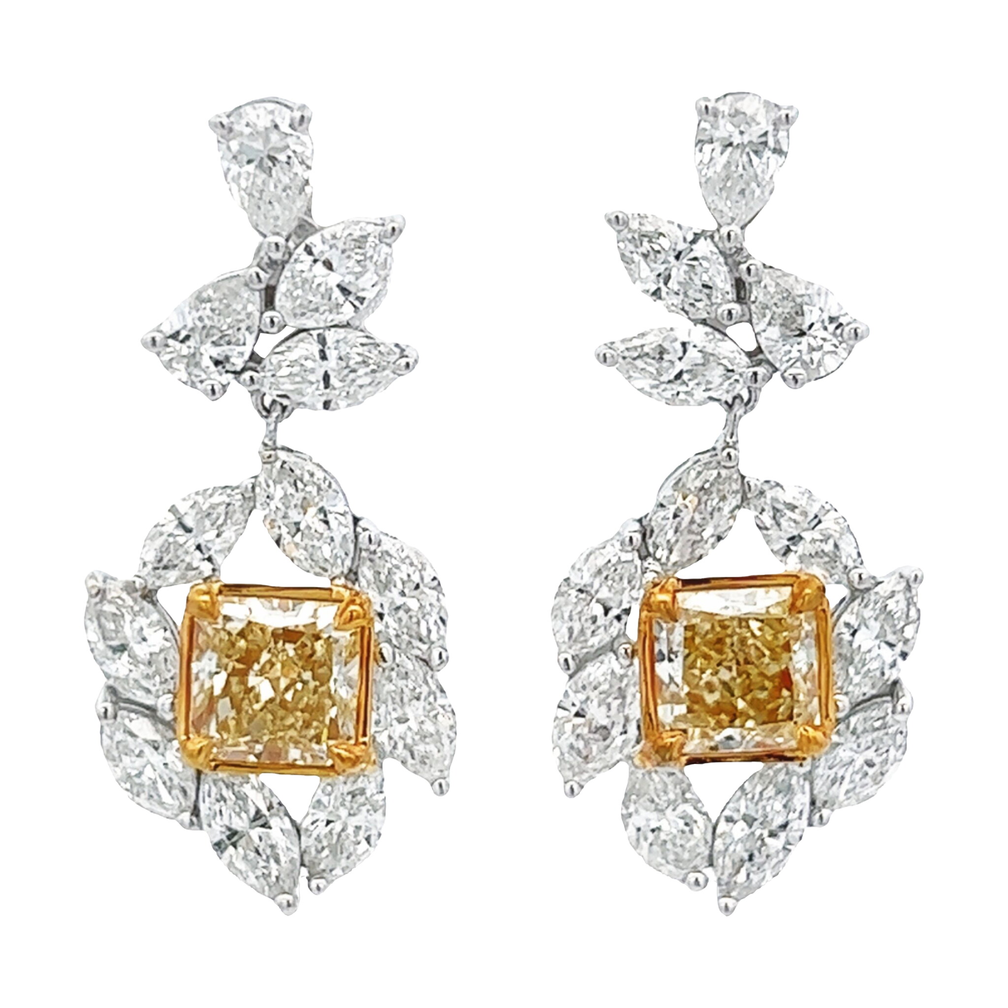 White Gold and 2.70ctw Fancy Yellow Diamond and Diamond Cluster Drop Earrings — view 1